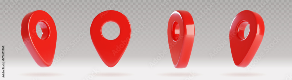 Poster 3d red map pointer pin icons set - glossy location markers with transparent shadows isolated on gray