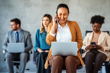 Fototapeta premium Happy professional business woman company employee, young entrepreneur smiling businesswoman working