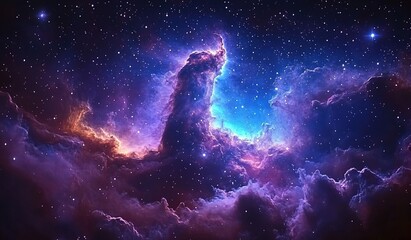 Obraz premium A night-sky scene with numerous stars, purple and blue nebulae surrounding and thick clouds intertwined.