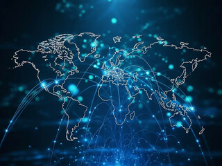 Naklejka premium Global connectivity network with world map and light connections across continents