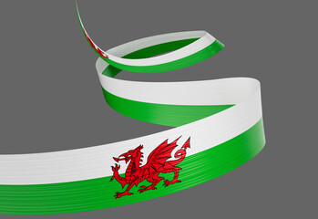 3d Flag Of Wales 3d Shiny Waving Wales Ribbon Flag On Grey Background 3d Illustration