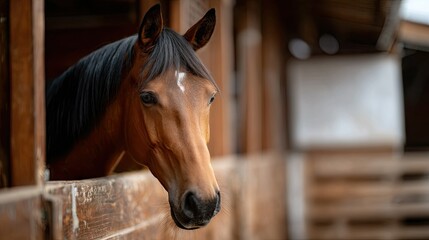 An elegant Arabian horse with a glossy coat standing in a polished wooden stall, minimal background distraction