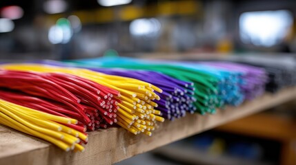 An organized set of bright electrical installation cables on a workbench, each color-coded for different systems or connections