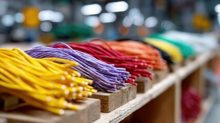 An organized set of bright electrical installation cables on a workbench, each color-coded for different systems or connections