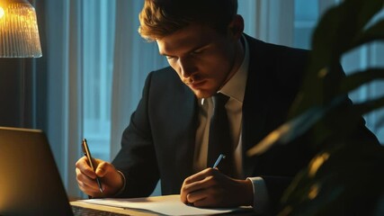 A businessman sits at his desk, writing notes on a piece of paper - Powered by Adobe