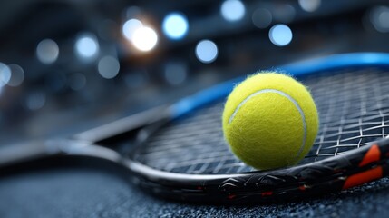 Tennis Ball On Racket, Close Up, Blurred Background, Illuminated Indoor Court, Copy Space