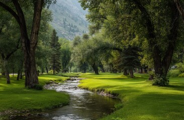 Naklejka premium Serene Stream Flows Through Lush Green Meadow, Surrounded by Towering Trees and Rolling Hills in a Tranquil Landscape, Perfect for Relaxation and Peaceful Contemplation.