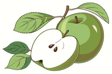 123 green apple, glossy apple, fruit, organic, natural, green leaves, vibrant colors, still life, 3d render, smooth surface, clean background