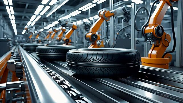 Robotic Arms Assembling Tires in Automated Factory Interior