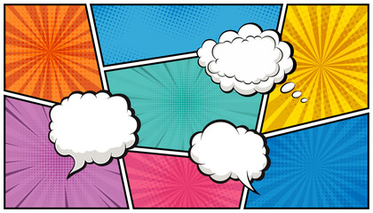 Comic book page template with empty dialog bubbles. Graphic layout with blank speech clouds. Pop art vector background illustration.
