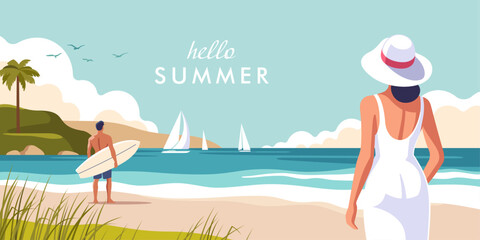Summer time. Concept of summer party, vacation and travel. Beautiful summer day at the beach with a woman in a white dress and a man holding a surfboard. Vector illustration.
