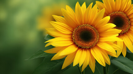Two vibrant sunflowers in full bloom stand out with golden petals against a soft blurred green backdrop, radiating warmth and summer's beauty in natural light.