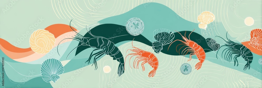 Poster Colorful Abstract Waves Featuring Shrimp and Shellfish Icons With an Open Middle Area Creating a Unique Underwater Theme