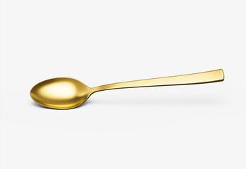 A shiny golden spoon with a reflective surface, slender handle and oval bowl. 3D Illustration.