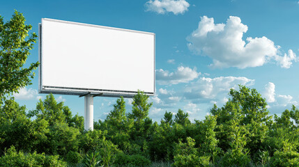 Fototapeta premium Blank billboard stands tall amidst lush greenery under bright blue sky with fluffy clouds, perfect for advertising