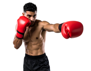  Portrait of Hispanic Male Boxer Throwing a Powerful Punch, Transparent Background PNG