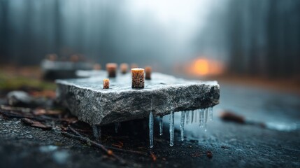 Fototapeta premium Icicles on stone, foggy forest