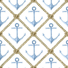 Nautical seamless pattern with blue anchors and beige fishing net. Watercolor illustration for fabric, packaging, cover.