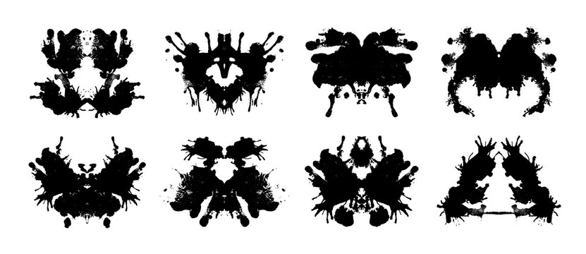 Rorschach inkblot test cards set - black symmetric abstract random shapes silhouettes, psychological assessment tool. Surreal stains for psycho diagnostic projective personality evaluation method