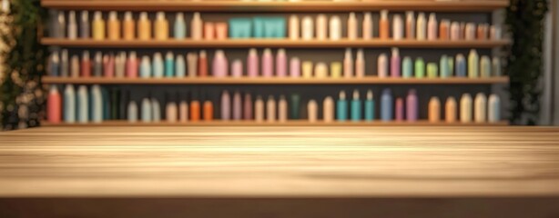 A wooden counter in front of shelves stocked with various colorful bottles, possibly in a retail environment.