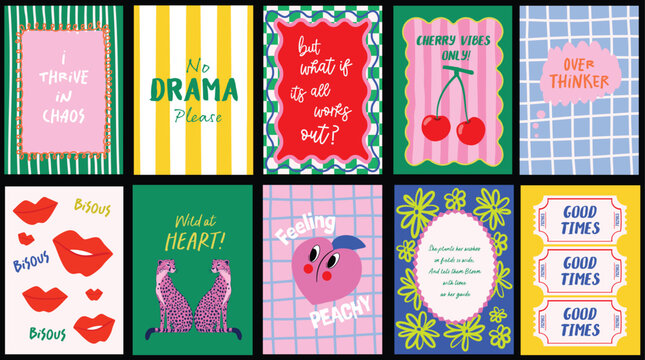 Quirky colorful hand-drawn posters set with witty and positive quotes. Perfect for wall decors for home, office, contemporary interior, postcards, artprints. Doodle groovy banners, t-shirt design