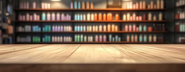 A wooden counter in front of shelves stocked with various colorful bottles, possibly in a retail environment.