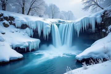 Icy cascade, blue tint, snow-covered rocks, cold winter scene, nature, waterfall