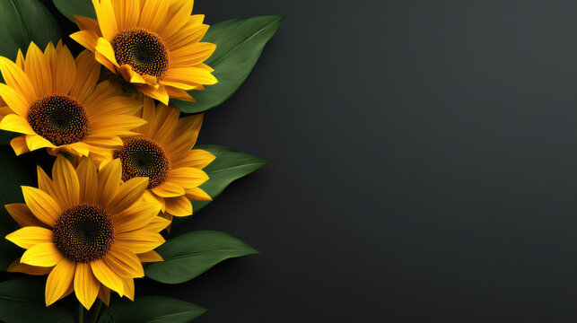 Bright yellow sunflowers with lush green leaves are elegantly arranged on a dark gray background, creating a visually appealing and fresh natural composition.
