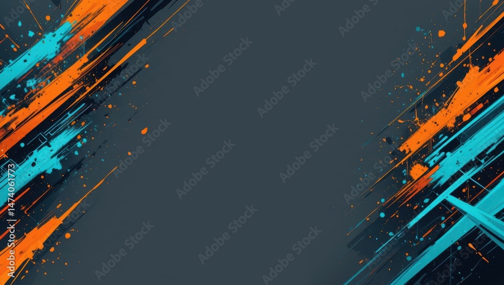 Wall mural dynamic abstract background with splashing brush strokes in blue and orange colors