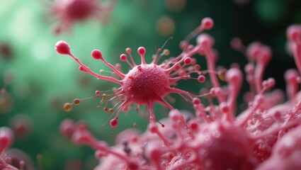 Detailed Microscopic View of Virus Structure with Pink Particles and Soft Green Background