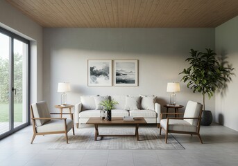 Bright living room with white sofa, armchairs, and wood accents in a modern interior design scheme