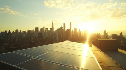 Obraz premium Rooftop solar panel installation with city skyline and sunlight in background. 