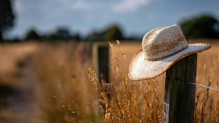 A close-up of a woven straw hat hanging on a rustic fence post in a golden countryside field