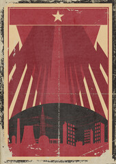 Retro Revolution Propaganda Poster. Stilisierte Geb&auml;ude,Strommast und Industrie auf grunge Papier Hintergrund.