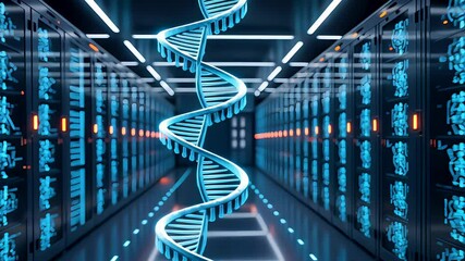 DNA Strand and Server Racks Representing Data Science Indoors - Powered by Adobe