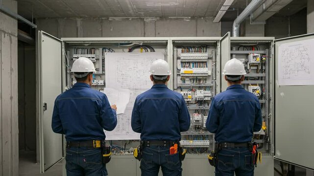 Three Male Electricians Analyzing Electrical Schematics in a Control Panel Room on a Construction Site, Ensuring Safety and Accuracy in Their Work