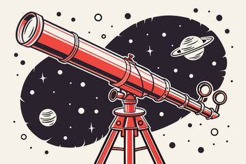 125 red telescope, metal telescope, star gazer telescope, vintage telescope, astronomical observation equipment, night sky viewing, stargazing tool, space exploration, celestial bodies, high-quality t