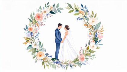 Watercolor Floral Wreath with Bride and Groom Silhouette
