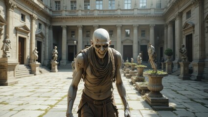 Eerie Skeleton Figure Walking Through Sunlit Courtyard Surrounded by Statues in Ancient Architecture