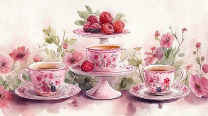 Watercolor illustration of British afternoon tea,tea break in the English style,tea set with Afternoon tea stand with macaroons and scone,cake,cup of tea,Tea time dessert table,vintage style.