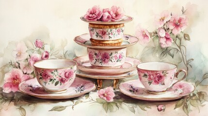 Watercolor illustration of British afternoon tea,tea break in the English style,tea set with Afternoon tea stand with macaroons and scone,cake,cup of tea,Tea time dessert table,vintage style.