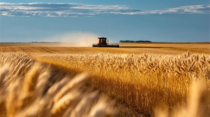 Fototapeta premium A combine harvester moving through a golden wheat field under a bright summer sky