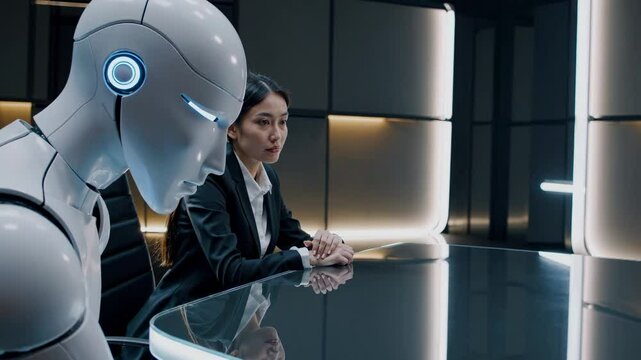 A humanoid robot and a young Asian woman in business attire sit at a sleek table in a futuristic meeting room. The atmosphere suggests a job interview or professional interaction.