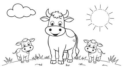 Obraz premium Cute cartoon cow family on a sunny day in the farmyard for coloring fun