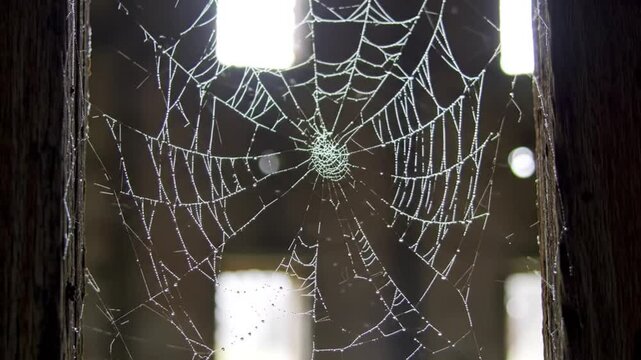 Early Morning Dewdrops Clinging To A Spiderweb Inside An Old Barn