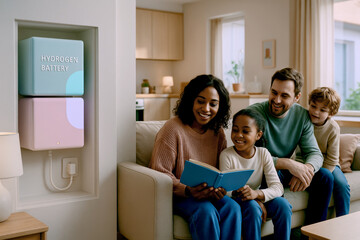 Obraz premium A joyful family gathers in their cozy living room, reading together while a hydrogen battery unit is seamlessly integrated into the wall nearby.