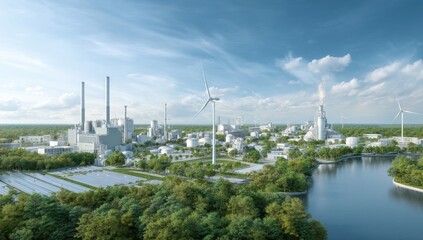 Energy production site with lake and turbines