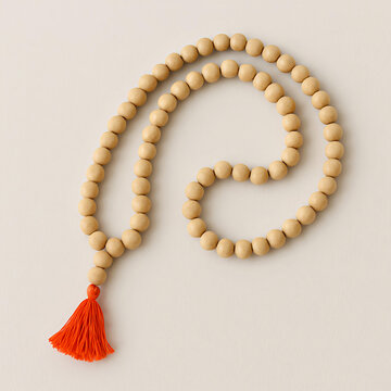 Natural wood Wooden rosary mala on an empty white space background religion prayer bead culture tradition ceremony