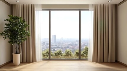 Fototapeta premium An empty room with a large potted green plant by a large window, light wooden floors, beige curtains, and a view of high-rise buildings and greenery under a clear sky.