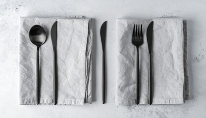 Elegant table setting with black cutlery and napkins modern dining experience minimalist aesthetic top view culinary presentation